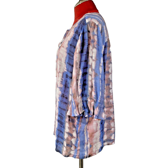 Zac & Rachel Woman Sz 2X Pink & Blue Peasant Top Boho Blouse 3/4 Sleeve Tassels - Picture 3 of 10